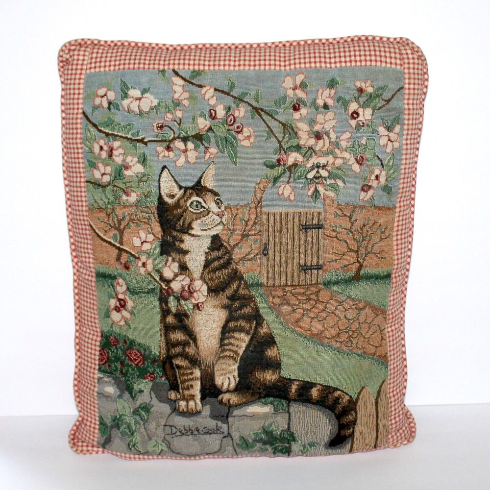 Cat Tapestry Pillow Debbie Cook Yard Tree Fashion Embroidered 18” x 15” red